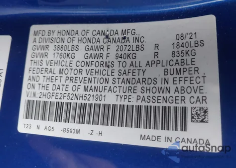 2022 Honda Civic Sport z USA, uszkodzony, nr VIN 2HGFE2F52NH521901